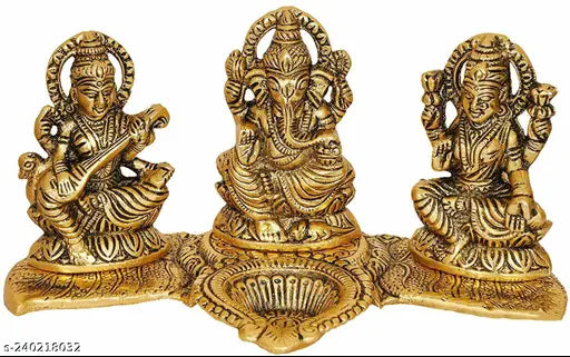 Gold-plated Laxmi Ganesh Saraswati idol, 18x7x10 cm decorative showpiece on a table or floor. Indian handicraft religious figurine for home decor and gifting