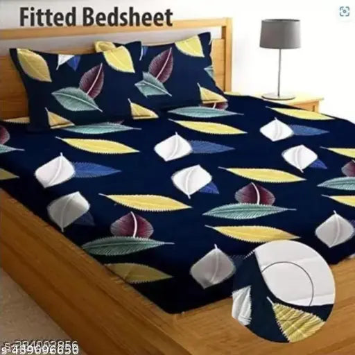 Fitted elastic cotton double bedsheet & 2 pillow covers #36 - superfine geometric pattern, snug fit on queen mattress, perfect for summer