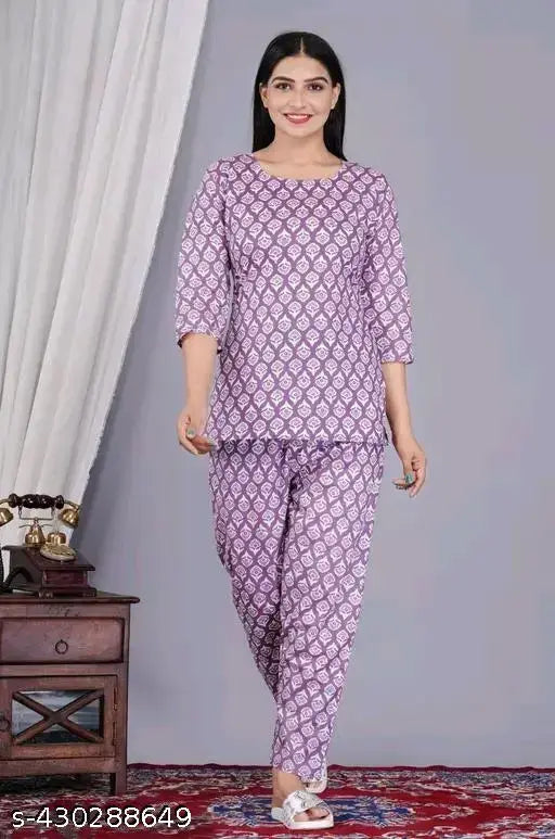 Purple cotton printed night suit top and pyjama coord set for women and girls - Indian-made, comfortable sleepwear with three-quarter sleeves and a stylish print pattern