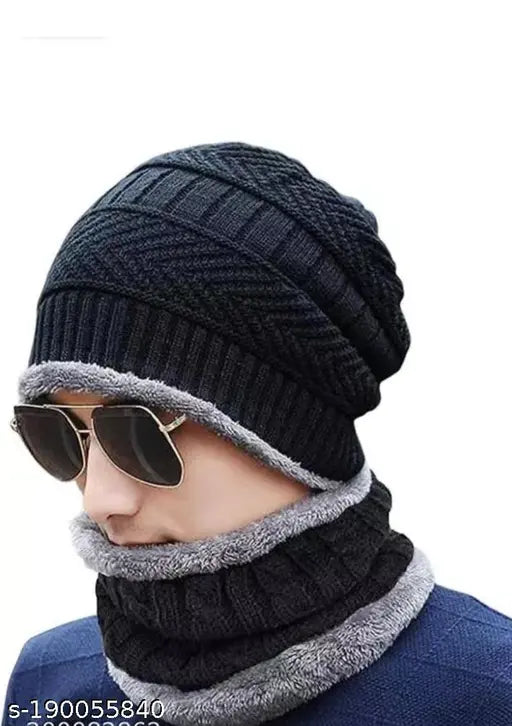 Woolen black Grace premium winter cap with fur pattern, ideal for cold outdoor activities or gifting