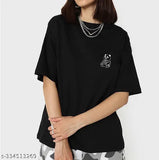 Women's black half sleeve oversized graphic printed t-shirt, cotton blend material