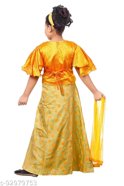 Yellow cotton blend Lahanga Choli set with short sleeves and embroidered top, solid lehenga and crepe dupatta. Traditional Indian kids' outfit." (123 characters)