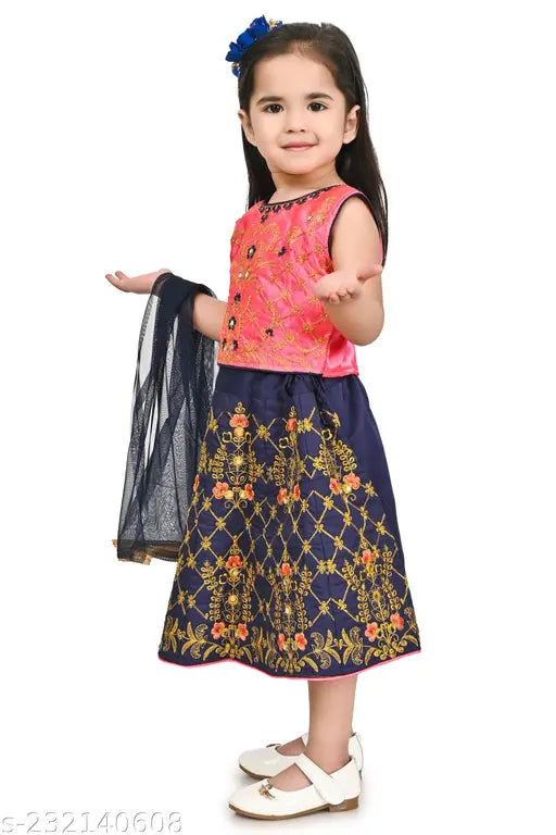 Embroidered chanderi silk lehenga & linen dupatta for kids (18-24M, 2-3Y, 3-4Y), Indian handcrafted design