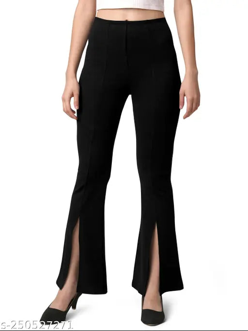Black cotton blend parallel trouser pants, regular fit, bell bottom pants for women