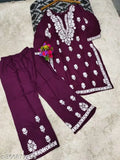 Rayon embroidered kurti with palazzo, traditional Lucknowi wear in wine color, three-quarter sleeve length
