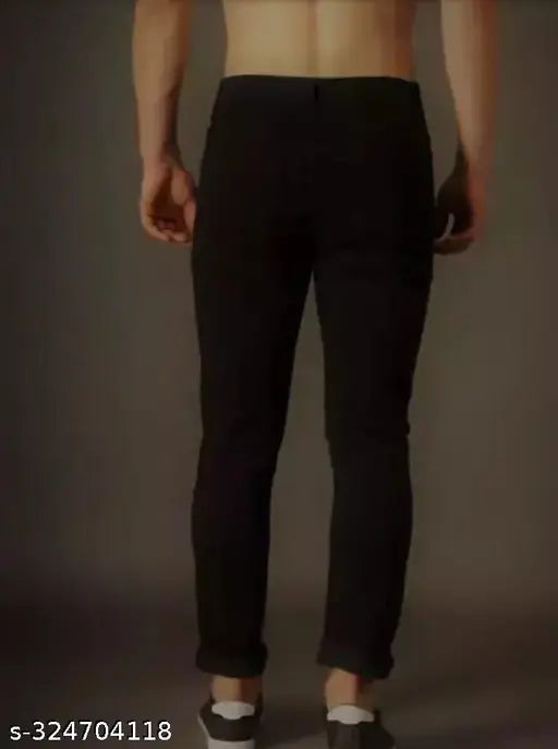Black denim MOD MEN knee-slit jeans with solid pattern, perfect for a stylish fit