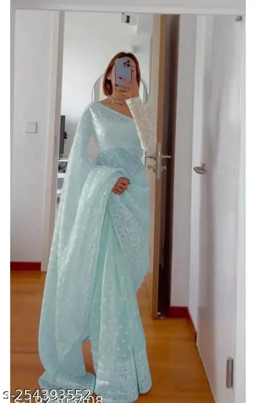 Blue net saree with heavy embroidery work, Indian handcrafted sequin blouse