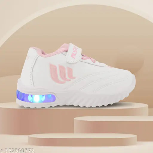 A pair of lightweight, casual LED shoes for children, featuring a pink and white design with Velcro straps