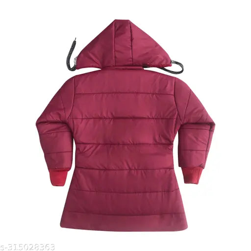 Maroon padded winter coat with hood, designed for girls, featuring insulation and durability