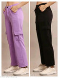 High-rise combo piyaji and cream cargo pants for women - set of 2, cotton blend with four pockets