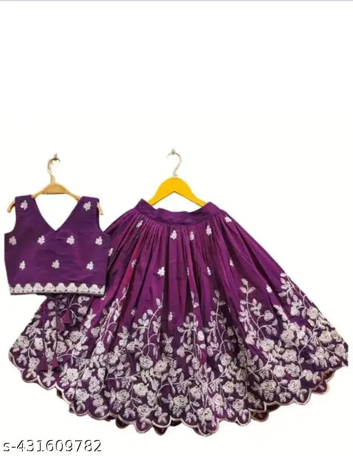 Purple taffeta silk, embroidered Lengha Choli for 4-year-old girl. Indian fashion for kids' special occasions