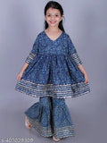 Navy blue cotton floral paisley print Anarkali/Flared Kurta & Sharara set for girls, featuring intricate embellishments and a flared silhouette. Perfect for special occasions or festive celebrations. Sizes: 2-3Y (20in), 3-4Y (22in), 4-5Y (24in), 5-6Y (26in), 6-7Y (28in), 7-8Y (30in), 9-10Y (32in), 11-12Y (34in), 13-14Y (36in). Made in India
