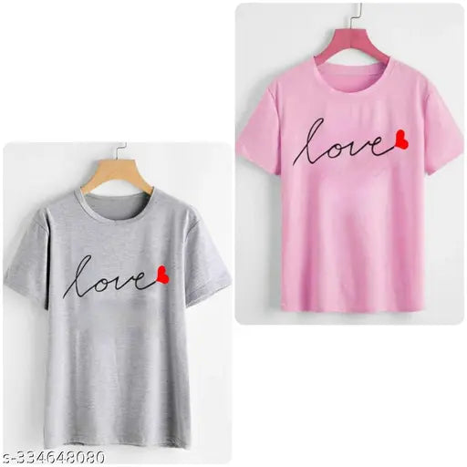 Cotton blend, printed round neck half sleeve T-shirt (Pink & Grey) for women - India
