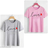 Cotton blend, printed round neck half sleeve T-shirt (Pink & Grey) for women - India