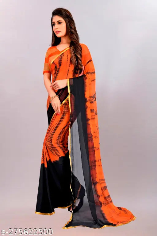 Orange chiffon printed Leheriya saree blouse piece, Indian crafted, casual-wedding wear