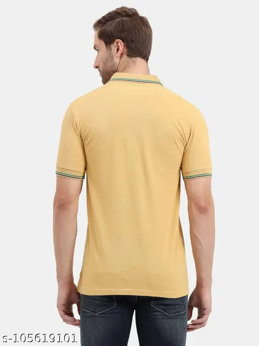 Men's cotton mustard printed polo collar t-shirt with short sleeves, featuring a vibrant design. [Men's Mustard Polo T-Shirt]