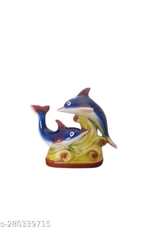 Dolphin ceramic idol, clay figurine, 14cm x 17.5cm x 6.5cm, Indian handcraft, living room & office showpiece