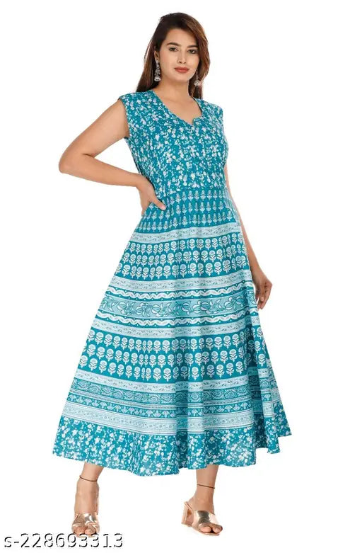 Printed cotton Anarkali summer dress for women, full-length, vibrant patterns, Gillkart's best offer, beachwear, comfortable, 100% cotton blend