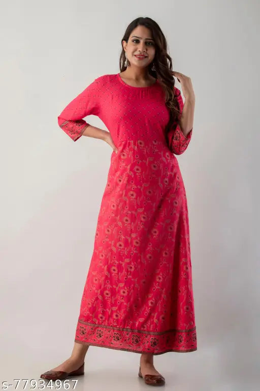 LPink Rayon Three-Quarter Sleeve Jall and Butty Gown, printed dress, Indian origin