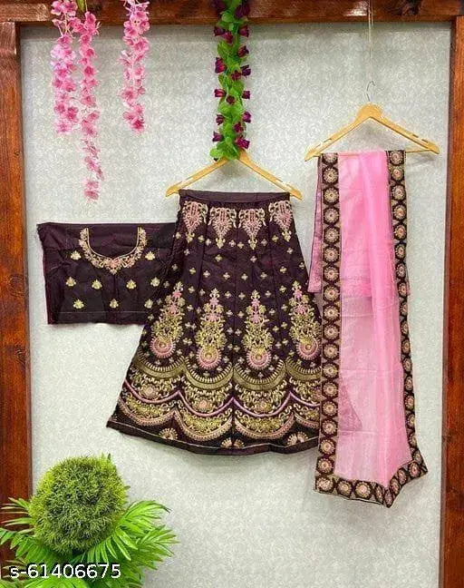 Embroidered satin and net lehenga set with short sleeves, semi-stitched and embellished, for girls aged 2-16 years, Indian origin