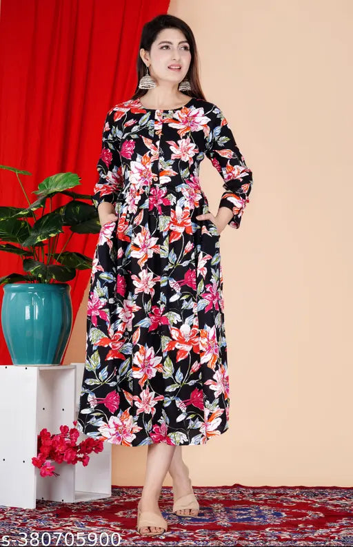Rayon three-quarter sleeve printed Anarkali kurtis for women, Indian ethnic wear with trendy design and comfortable fit
