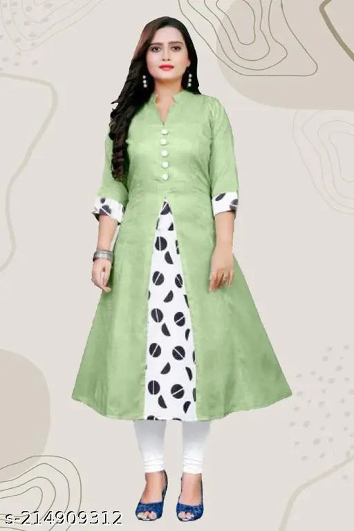 Cotton blend pista-colored kurti with three-quarter sleeves, perfect for parties and outings. Lightweight and comfortable, great for everyday wear. Made in India