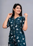 Women's green rayon printed night suit, soft and comfortable set with three-quarter sleeves, India origin