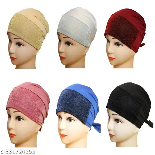 6-pack shimmer hijab caps in various colors: gold, silver, pink, blue, red, and green
