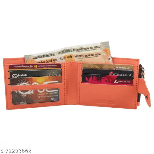 Faux leather/leatherette, trending unisex wallet. Printed net design, 6 card slots, zipper pocket, butan lock. India-made fashion accessory for men and women