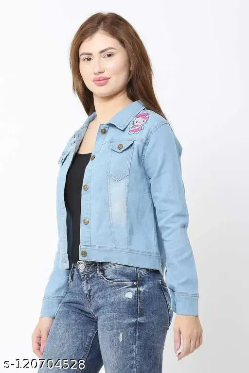 Blue embroidered denim women's jacket (S: 34in bust, L: 21in length), classic style with shank buttons and chest pockets, versatile for casual and formal wear