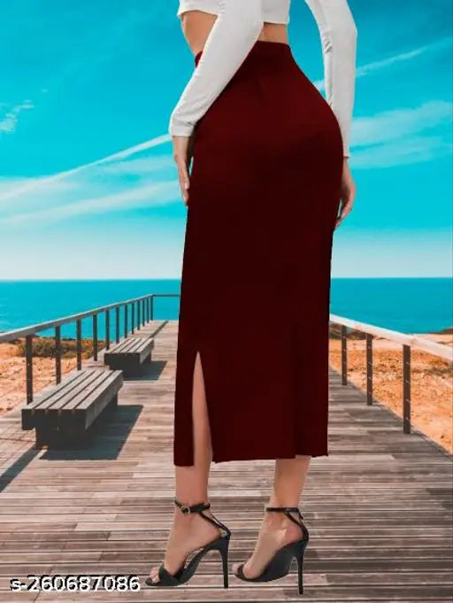 Maroon high-waisted pencil skirt, bodycon style, elastic waistband