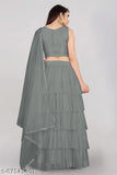 Embroidered satin lehenga set in net with ruffle bottom and lace dupatta, semi-stitched, alterable up to 42 inches, Indian origin