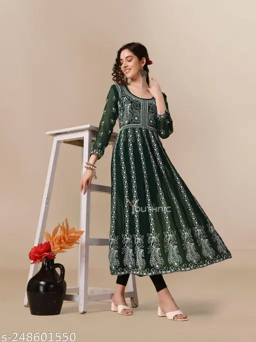 Georgette embroidered women's three-quarter sleeve kurti, vibrant Indian fashion