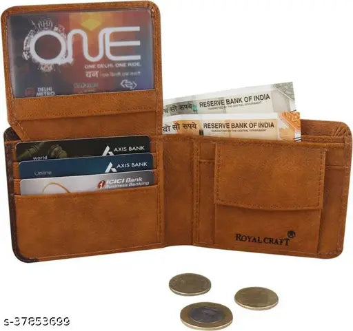PU unique men's wallet, tan bi-fold design, features 2 compartments for daily essentials. Ideal gift for men and boys, handcrafted in India