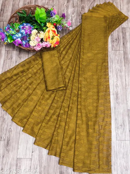 Art silk lace sari with matching net running blouse, self-design pattern for new collection party wear sari in free size (length 5.5m, blouse length 0.8m). Traditional Indian fashion accessory from India