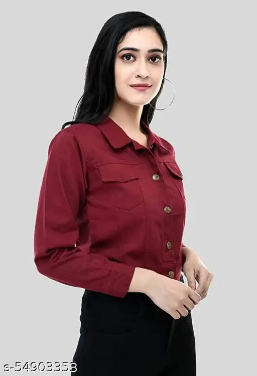Denim maroon jacket, premium cotton blend, long sleeves, versatile for casual & formal wear