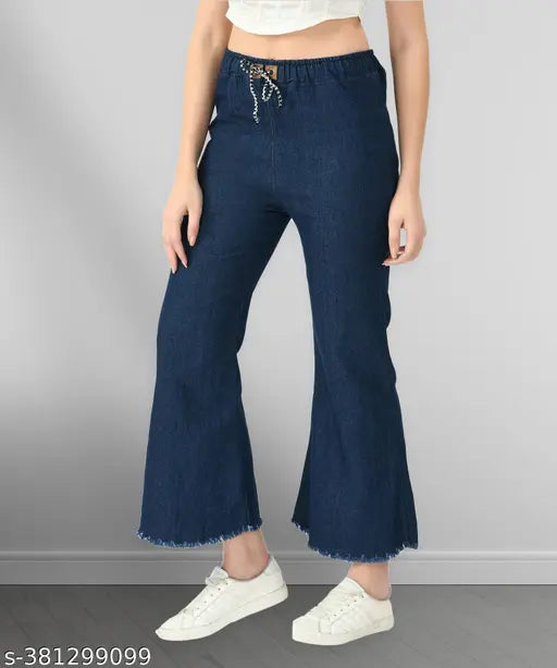 Dark blue stretchable denim flared jeans with washed blue detailing, baggy fit, elastic waist, ankle cuff
