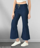 Dark blue stretchable denim flared jeans with washed blue detailing, baggy fit, elastic waist, ankle cuff