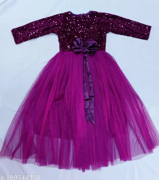 Royal purple sequin work net dress with long sleeves, embellished velvet top and soft nylon bottom, girls party wear