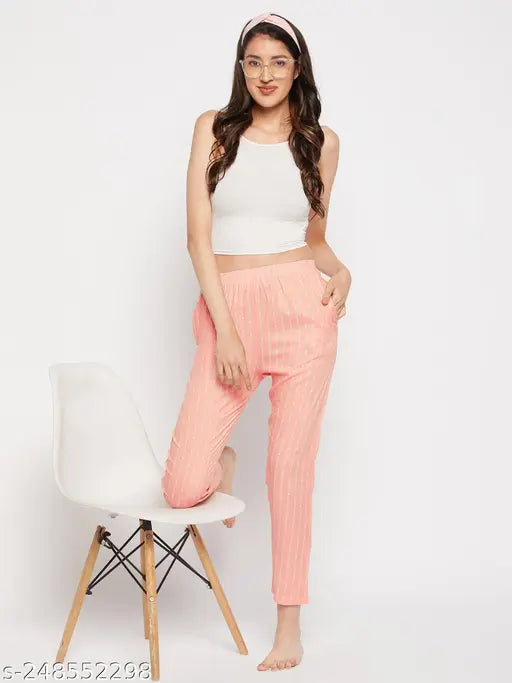 Peach printed rayon cotton women's full length straight legging pyjamas