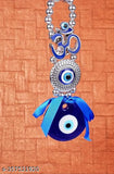 Blue glass pendant with silver eye charm, amulet design for protection, blue color with om symbol