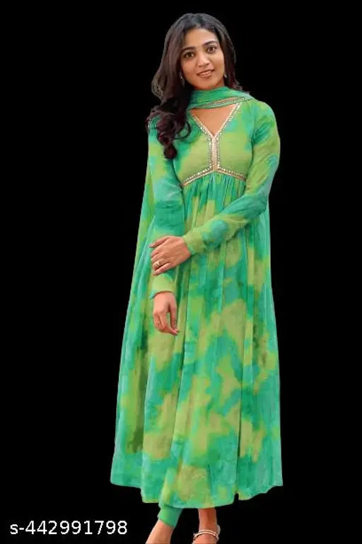 Georgette embroidered maxi dress with dupatta set, vibrant ethnic wear for women's parties and weddings