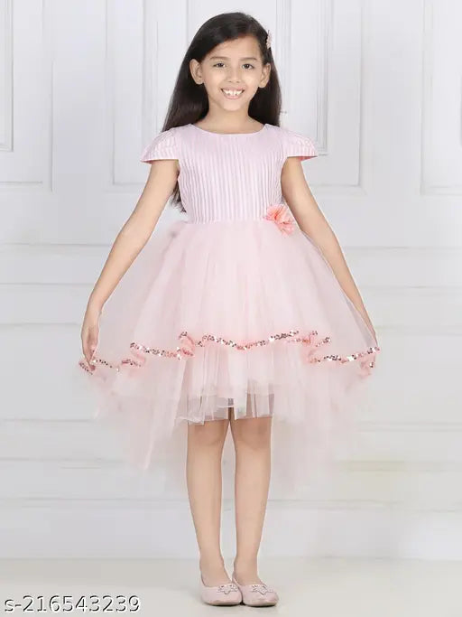 Peach net hi-low girls party dress, embellished sleeve detail, 2-3 years size