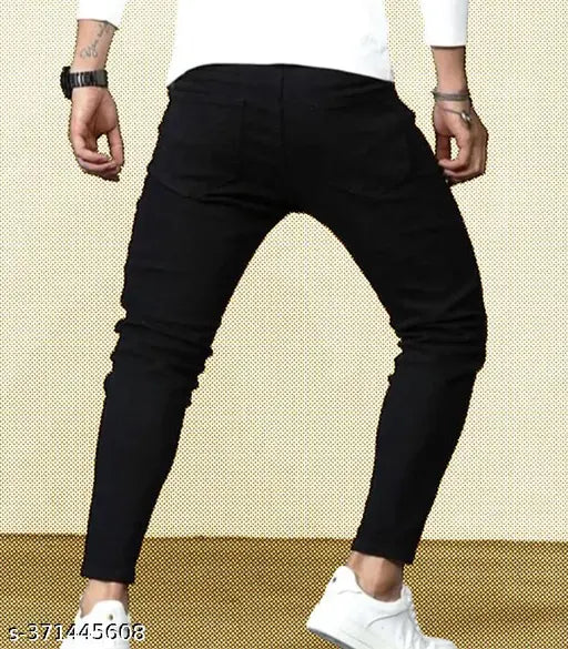 Men's denim latest yo-yo print jeans, black knee cut with slim fit - size 28, 30, 32, 34, and 36. Indian-made jeans available in extended sizes