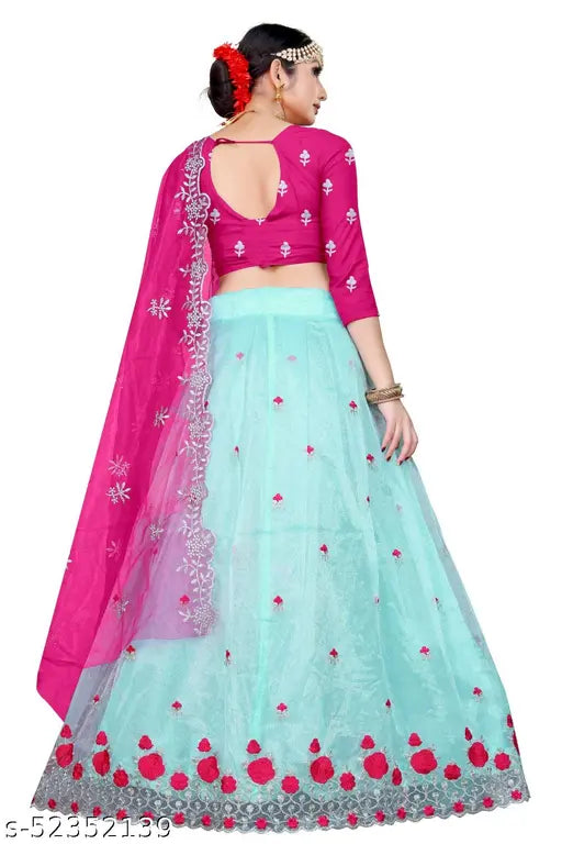 Embroidered dupion lehenga with net duppatta, heavy silk blouse, semi-stitched (W: 44in, L: 43in), Indian craftsmanship