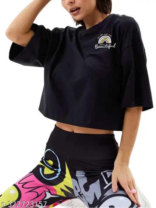 Black cotton blend women's half sleeve printed crop top T-shirt, loose fit for everyday comfort and style