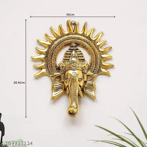 Golden metal Ganesh idol wall hanging sculpture, Lucky Feng Shui decor for home or office