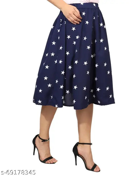 Navy blue women's mid-calf length polyester skirt with small star print, elastic waistband, knee-length, casual style