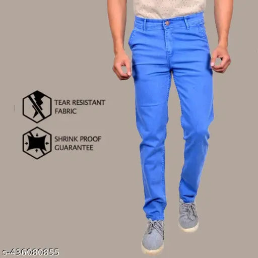 Stylish sky blue denim jeans for men, solid pattern from JK SELLS. Available in sizes: 28, 30, 32, 34, 36, 38, 40 (inches). Made in India