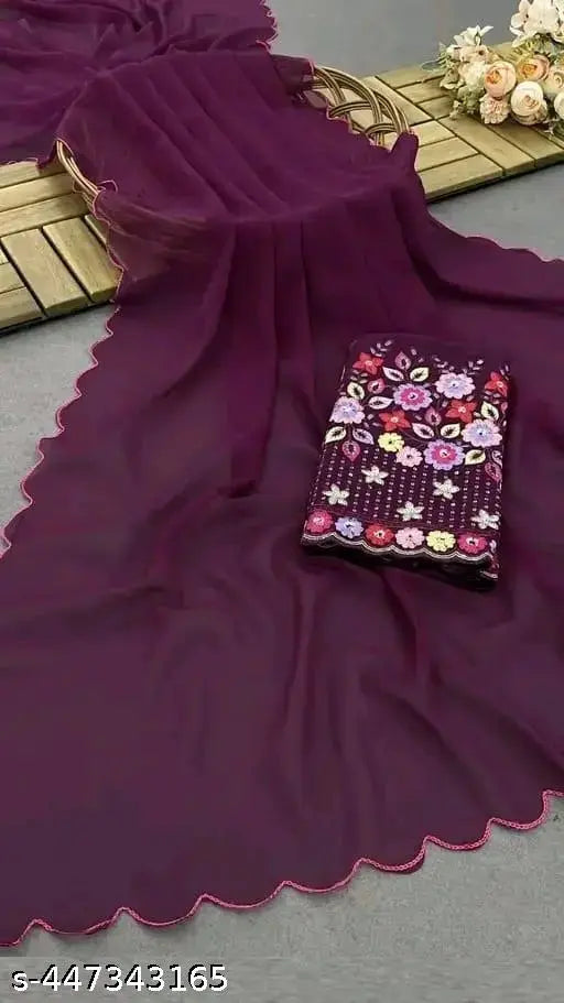Purple georgette sari with arco border and sequin embellishments
